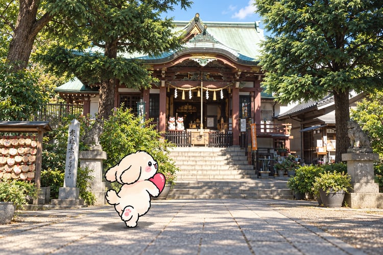今戸神社の社殿へ向かういちず犬（AI生成イメージ）
