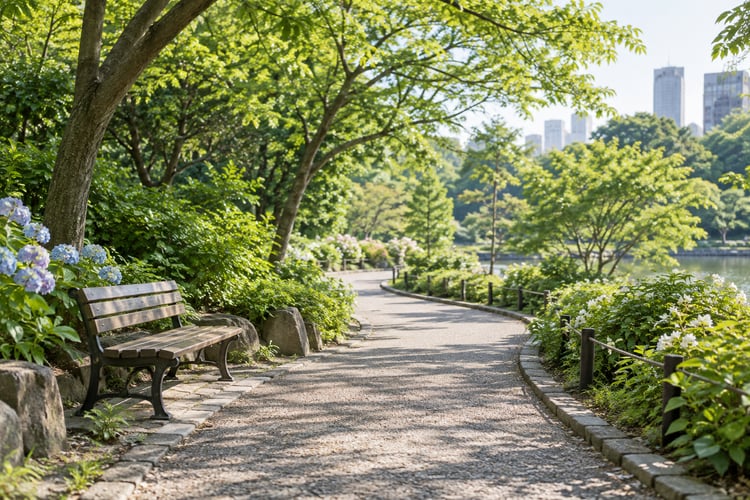 木漏れ日の差す公園の散歩道（AI生成イメージ）