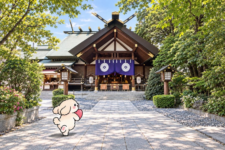 東京大神宮の拝殿へ向かういちず犬（AI生成イメージ）