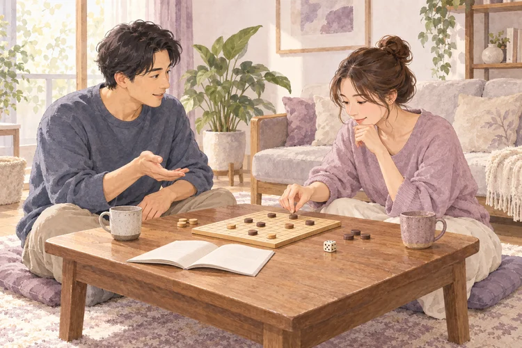 恋人と初めてボードゲームを遊ぶ日｜教え方と勝ち負けの楽しみ方のAI生成イメージイラスト