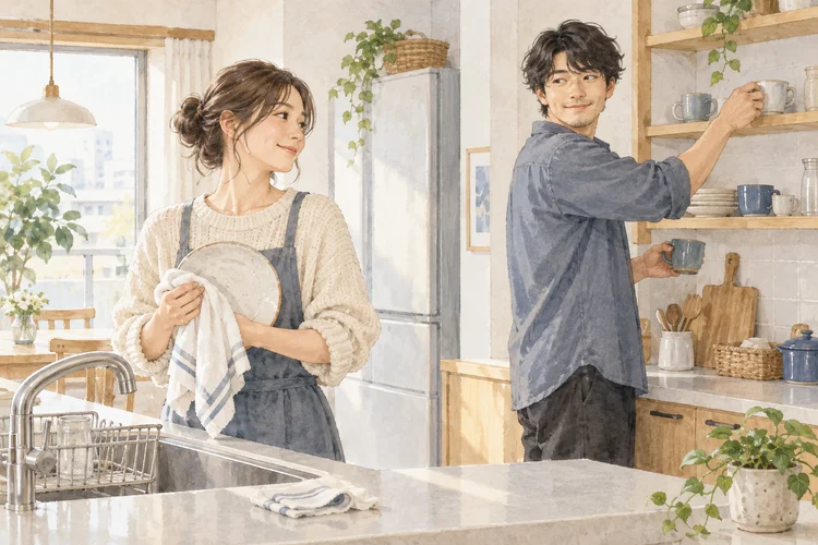 二人で家事をするとき｜小さな分担を決める相談の仕方をイメージしたAI生成イラスト