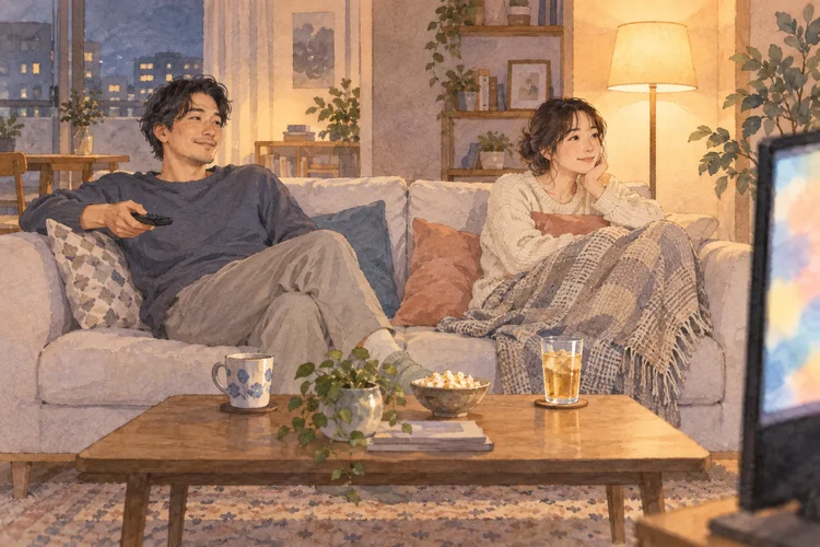 恋人と映画を見る前に｜作品選びとネタバレ、感想の違いを相談するのAI生成イメージイラスト