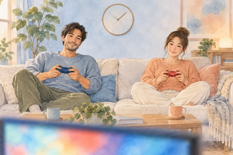 恋人と初めてオンラインゲームをするなら｜実力差と遊ぶ時間を相談するのAI生成イメージイラスト