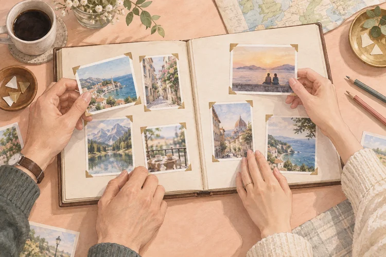 恋人と写真アルバムを作るなら｜残す写真と見せる範囲を二人で選ぶのAI生成イメージイラスト