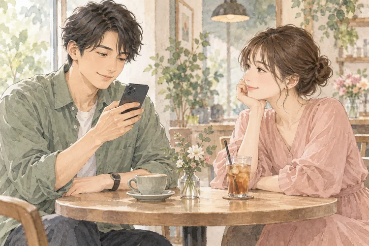 恋人にスマホの画面を見せてと言われたら｜見せる範囲を話し合うのAI生成イメージイラスト