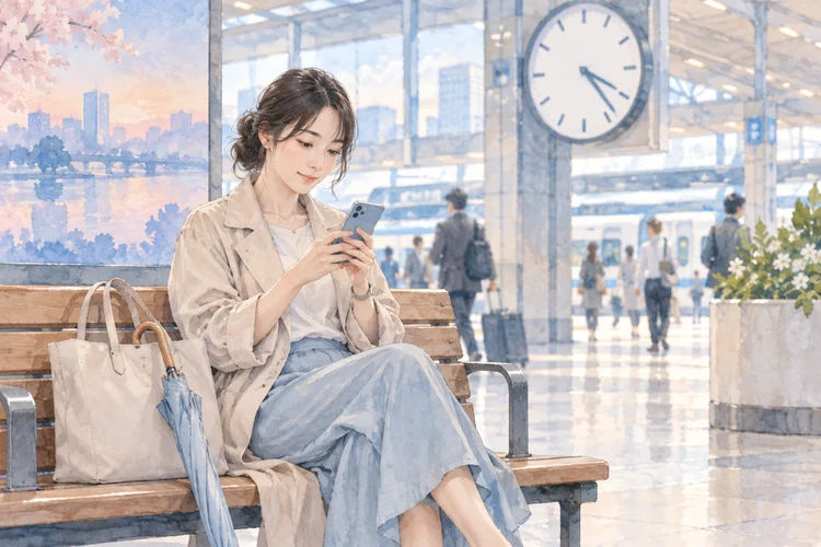 デートに恋人が遅刻したとき｜待つ時間と予定変更を相談するのAI生成イメージイラスト
