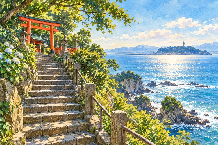 江島神社の三宮を巡る前に｜駅の選び方と島の坂道・帰り道の準備のAI生成イメージイラスト（実景ではありません）