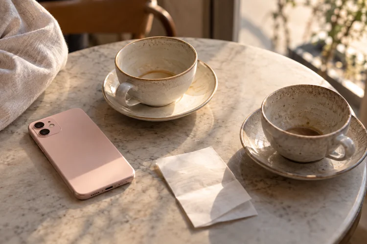 カフェのテーブルに並ぶ二つのカップとスマートフォン（AI生成イメージ）