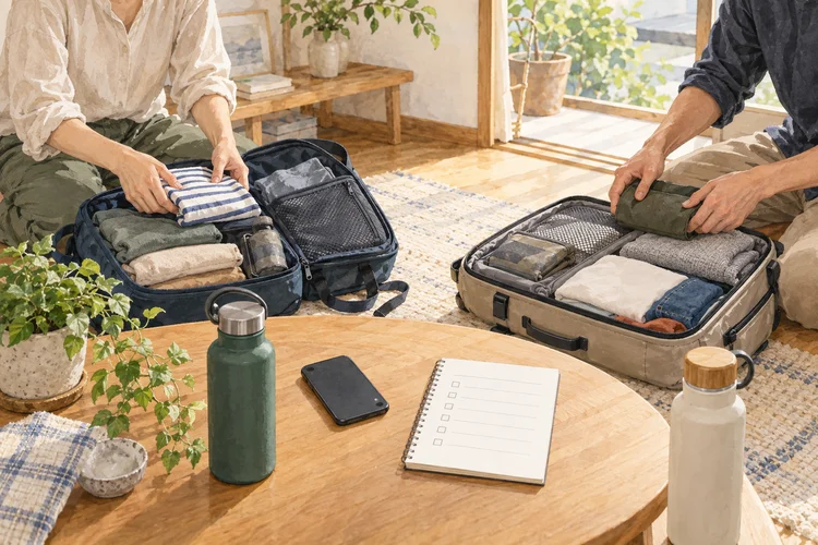恋人との初めての旅行準備｜荷物と役割を無理なく分けるをイメージしたAI生成イラスト