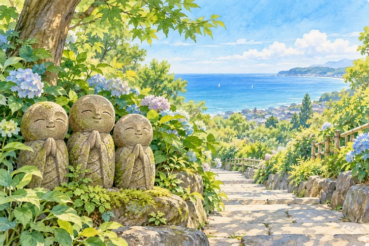 鎌倉長谷寺で良縁地蔵を訪ねる｜拝観受付と階段を考えた散策準備のAI生成イメージイラスト（実景ではありません）
