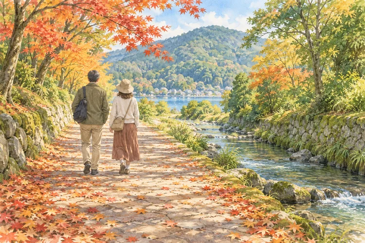 日吉大社｜坂本の二つの本宮を無理なく巡る参拝計画のAI生成イメージイラスト（実景ではありません）