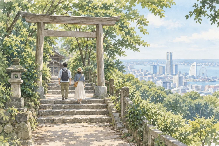 伊勢山皇大神宮へ二人で参拝|桜木町からの坂道と横浜散歩の準備のAI生成イメージイラスト(実景ではありません)