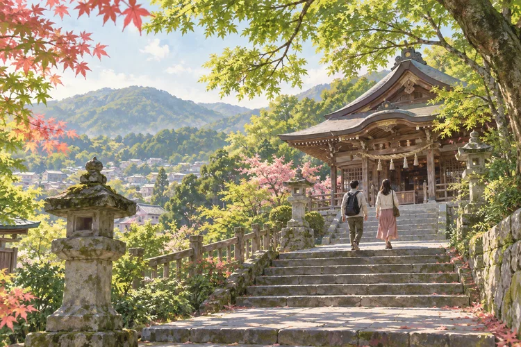 太宰府・宝満宮竈門神社へ｜縁結びの参拝とバス、登山との違いのAI生成イメージイラスト（実景ではありません）