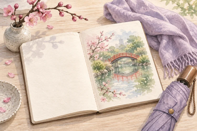 亀戸天神社の参拝ガイド｜御本殿の時間と季節の境内散策をイメージしたAI生成イラスト（実景ではありません）