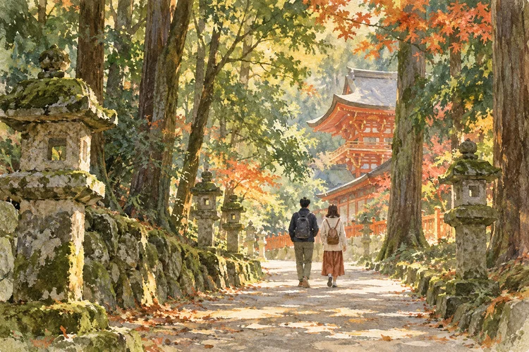 奈良・春日大社へ|夫婦大國社と参拝時間、森を歩く準備のAI生成イメージイラスト(実景ではありません)