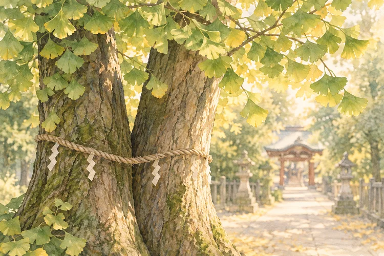 川越八幡宮の夫婦イチョウへ｜駅からの行き方と良縁祈願の確認点のAI生成イメージイラスト（実景ではありません）