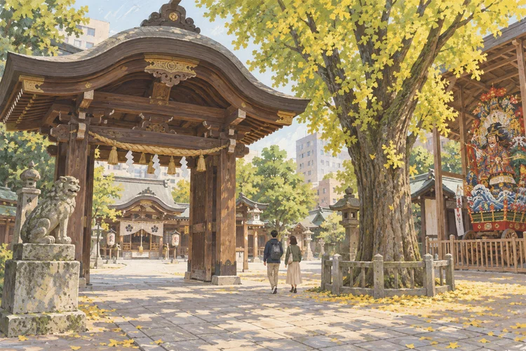 博多・櫛田神社を訪ねる前に｜夫婦恵比須と飾り山笠、受付時間の確認のAI生成イメージイラスト（実景ではありません）