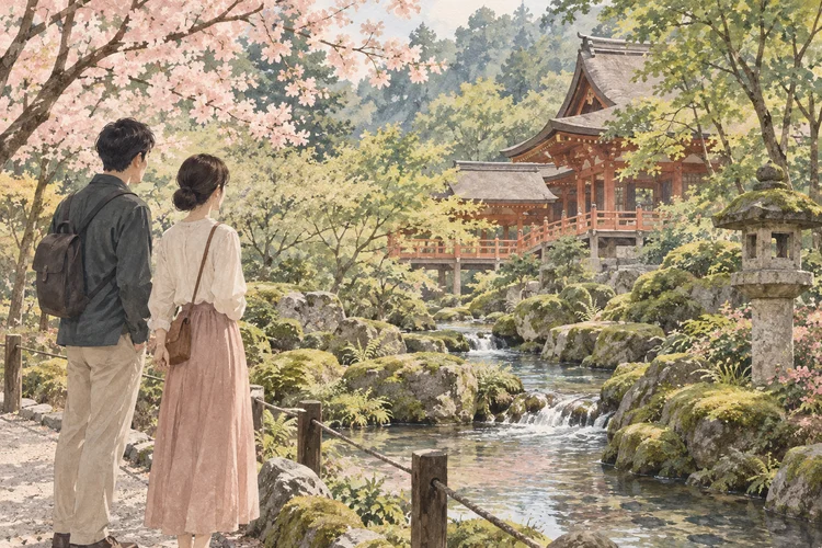 京都・松尾大社へ|松尾大社駅からの参拝と庭園・神像館の計画のAI生成イメージイラスト(実景ではありません)