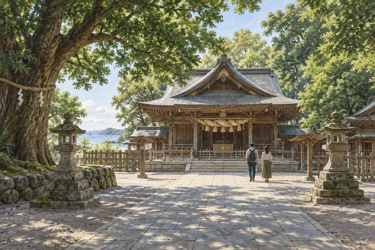 福岡・宗像大社辺津宮へ｜三宮の違いと神宝館、東郷駅からの参拝準備のAI生成イメージイラスト（実景ではありません）