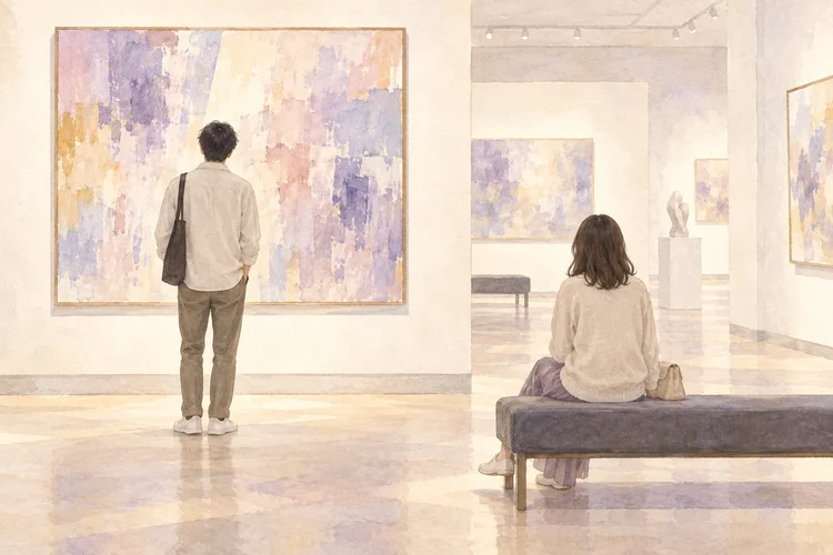 美術館デートで見る速さが違うとき｜一緒に楽しむ待ち合わせと感想の話し方のAI生成イメージイラスト