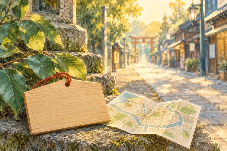 神戸・長田神社へ｜駅からの道と開門時間、境内の参拝準備のAI生成イメージイラスト（実景ではありません）