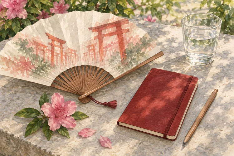 根津神社を二人で巡る｜参拝時間と境内を歩く日の準備をイメージしたAI生成イラスト（実景ではありません）
