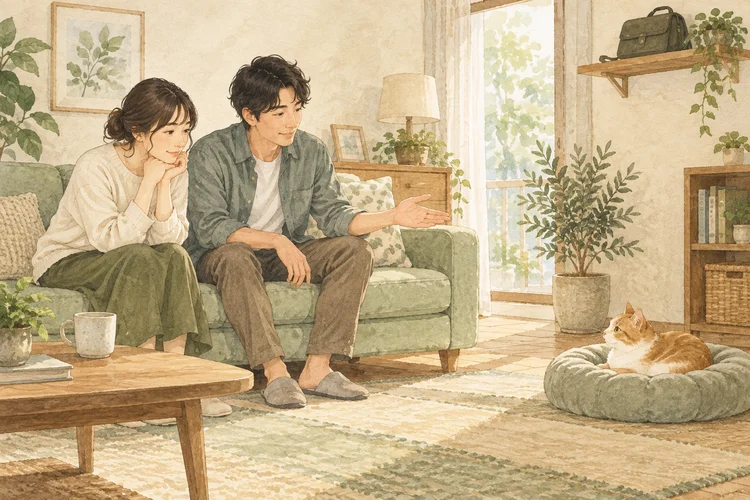 ペットのいる恋人の家へ初めて行くとき|触れ合いと過ごし方の確認のAI生成イメージイラスト