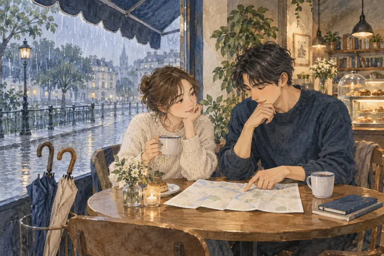 雨の日のデートが決まらないとき|移動と過ごし方から考える予定の立て方をイメージしたAI生成イラスト