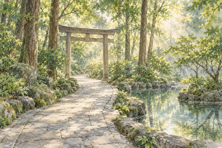寒川神社を二人で参拝｜宮山駅からのアクセスと神苑の入苑条件のAI生成イメージイラスト（実景ではありません）