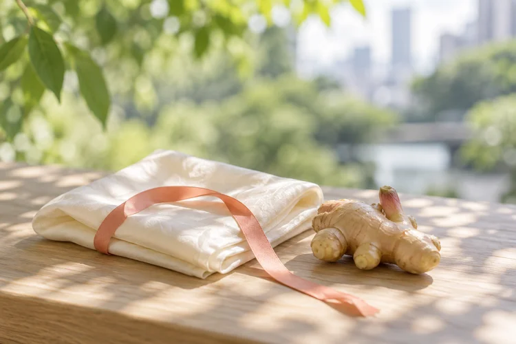 白い布と珊瑚色のリボン、生姜を置いたAIイメージ。芝大神宮の境内や授与品の再現ではありません。