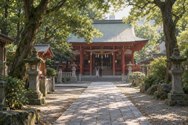 博多・住吉神社の参拝ガイド｜天津神社のご縁結びと祈願・撮影の確認のAI生成イメージイラスト（実景ではありません）