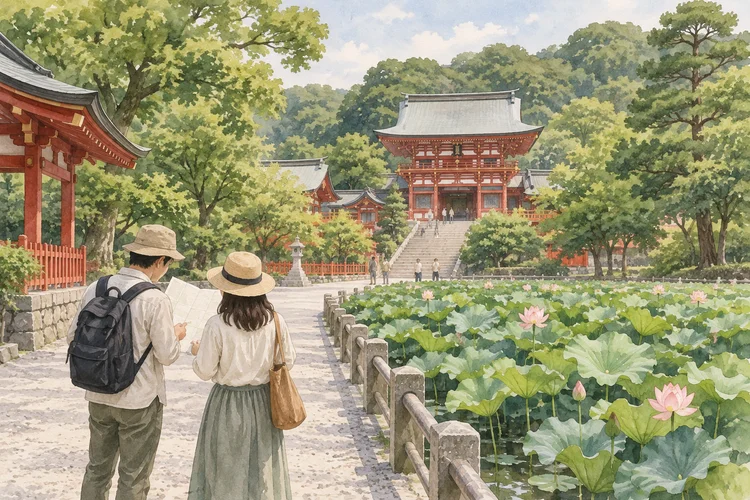 鶴岡八幡宮を二人のペースで巡る|参拝時間と境内散歩の組み立て方のAI生成イメージイラスト(実景ではありません)