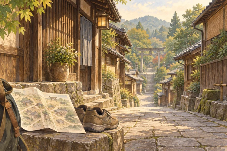金沢・宇多須神社へ｜ひがし茶屋街と静かな参拝を楽しむ歩き方をイメージしたAI生成イラスト（実景ではありません）